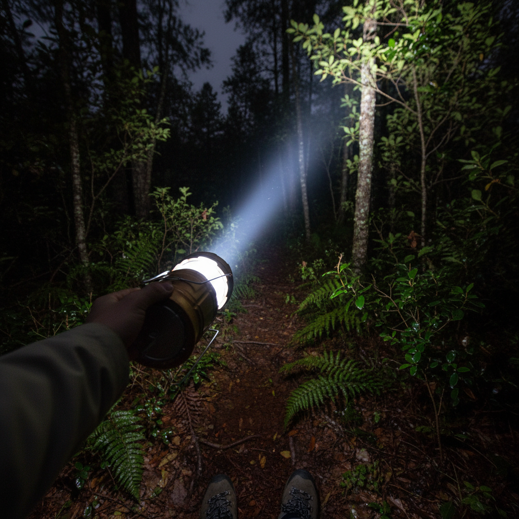 Person holding a portable camping lantern as a flashlight in a forest at night