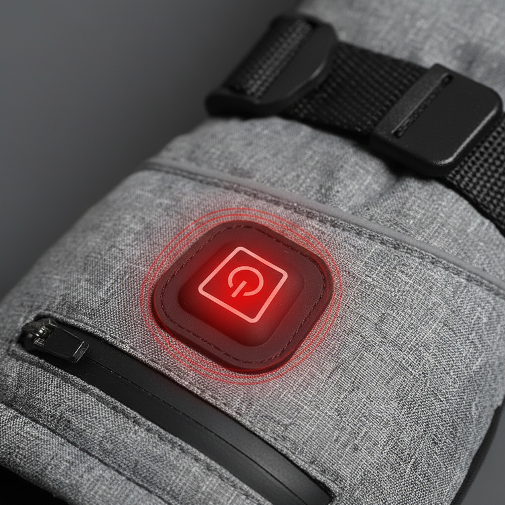 Gray glove with a red power button icon on a dark background