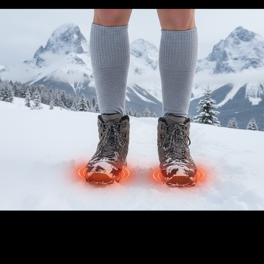 Person wearing hiking boots with glowing sole in a snowy mountain landscape