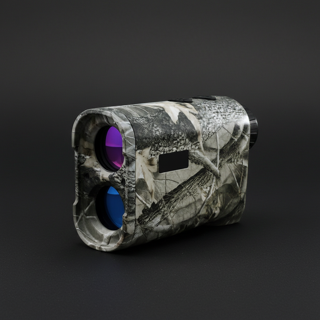 Camouflage-patterned laser rangefinder on a black background