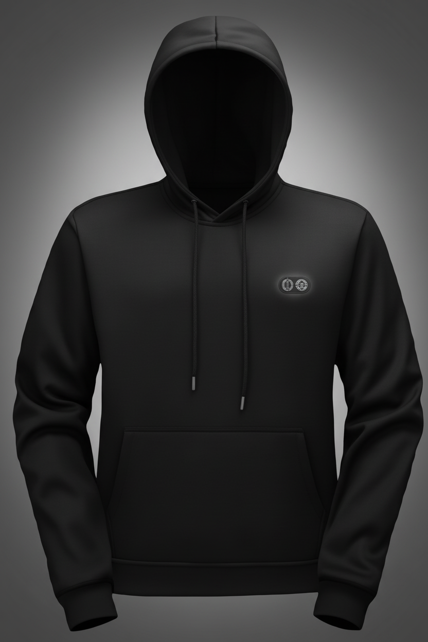Black heated hoodie against a gradient gray background