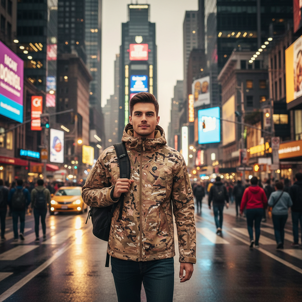 Man in a camouflage heated jacket standing in a bustling city street with tall buildings and billboards.