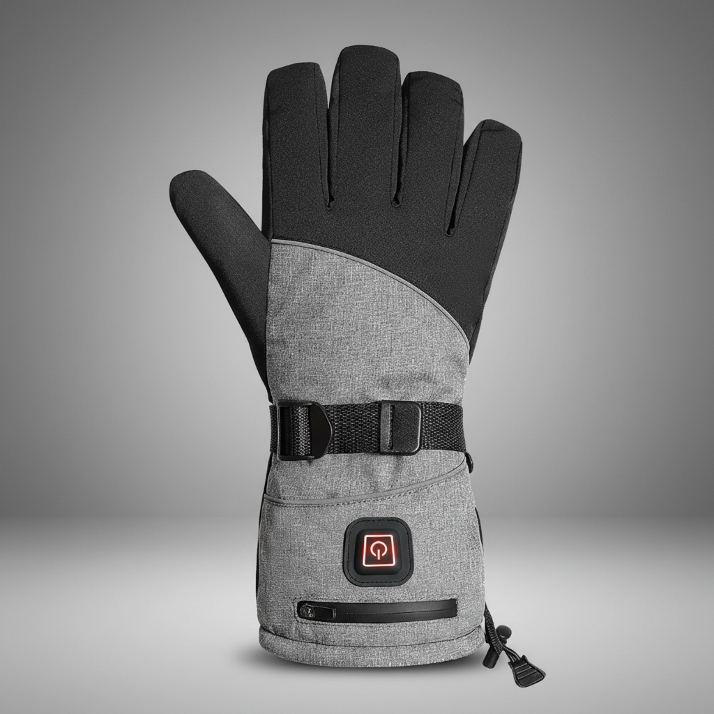 Gray and black heated glove with a visible brand logo on a gray background