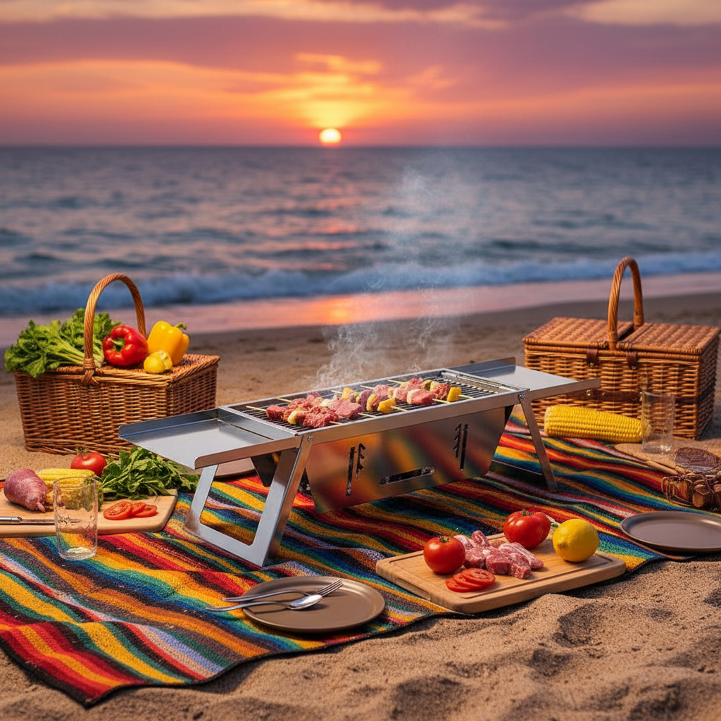 Beach picnic setup with portable bbq, food, and sunset over ocean
