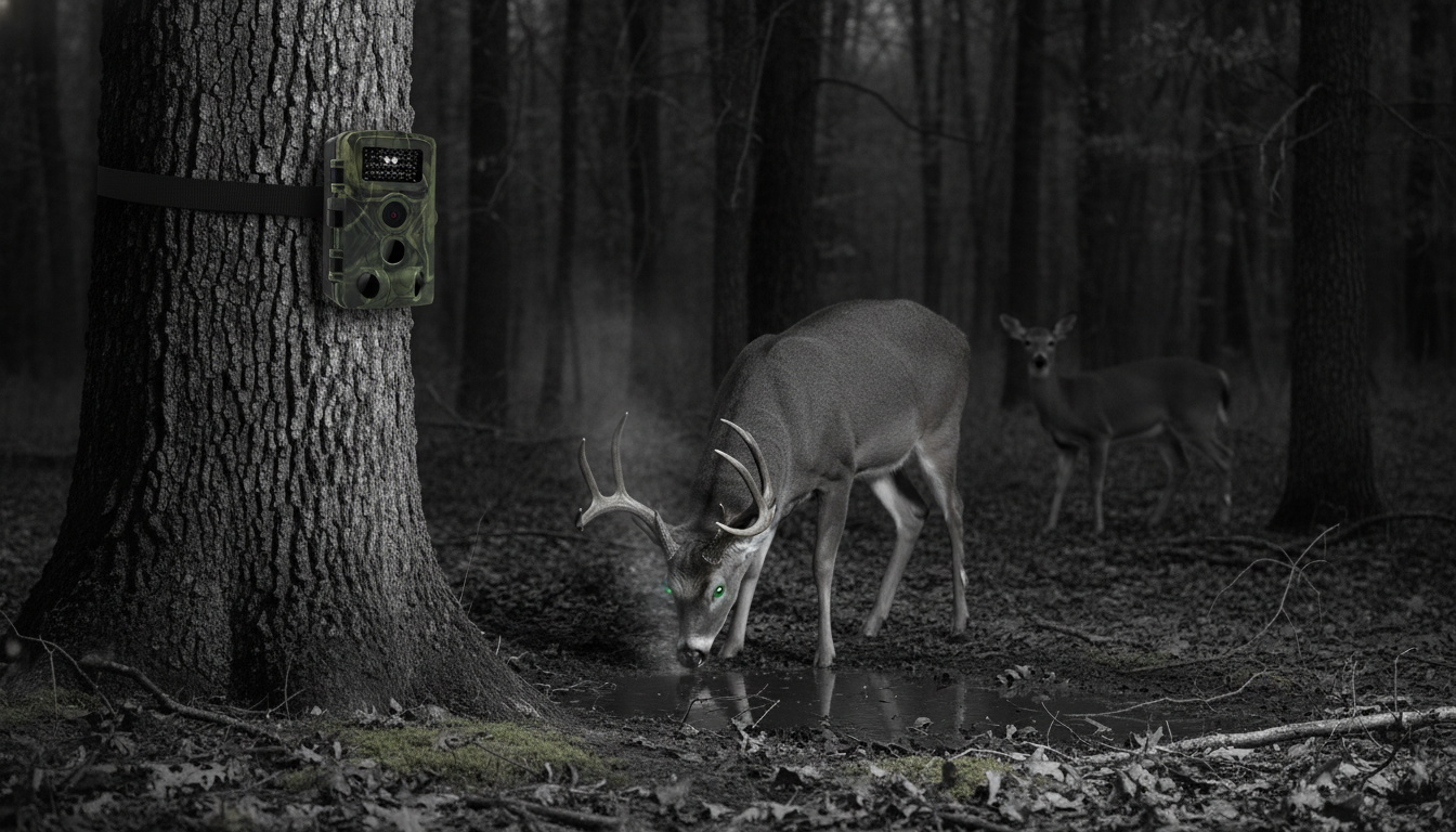 Deer in a forest with a trail camera on a tree