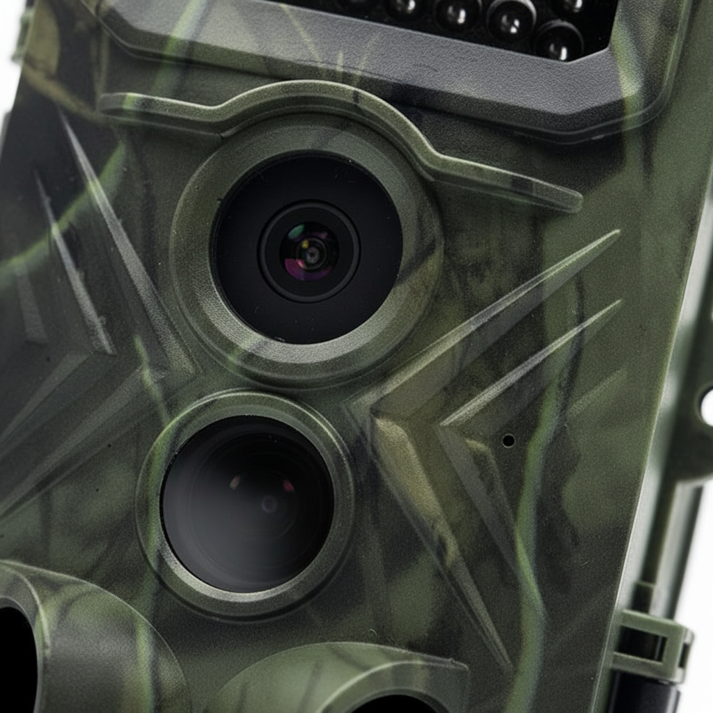 Close-up of a camouflage-patterned camera with multiple lenses.
