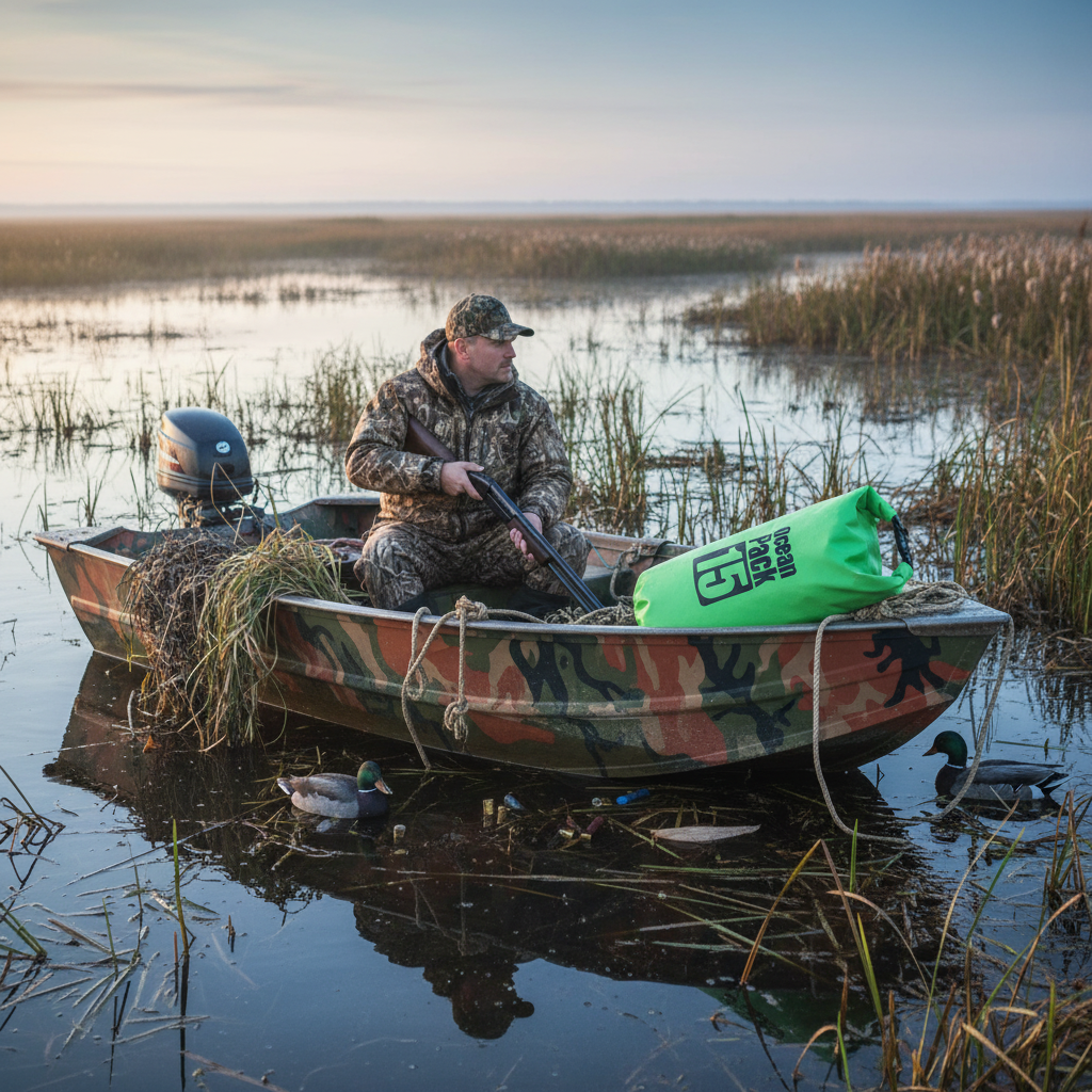 Man in camouflage gear sitting in a boat on a marshy area with ducks nearby. green drybag on the front of his boat 