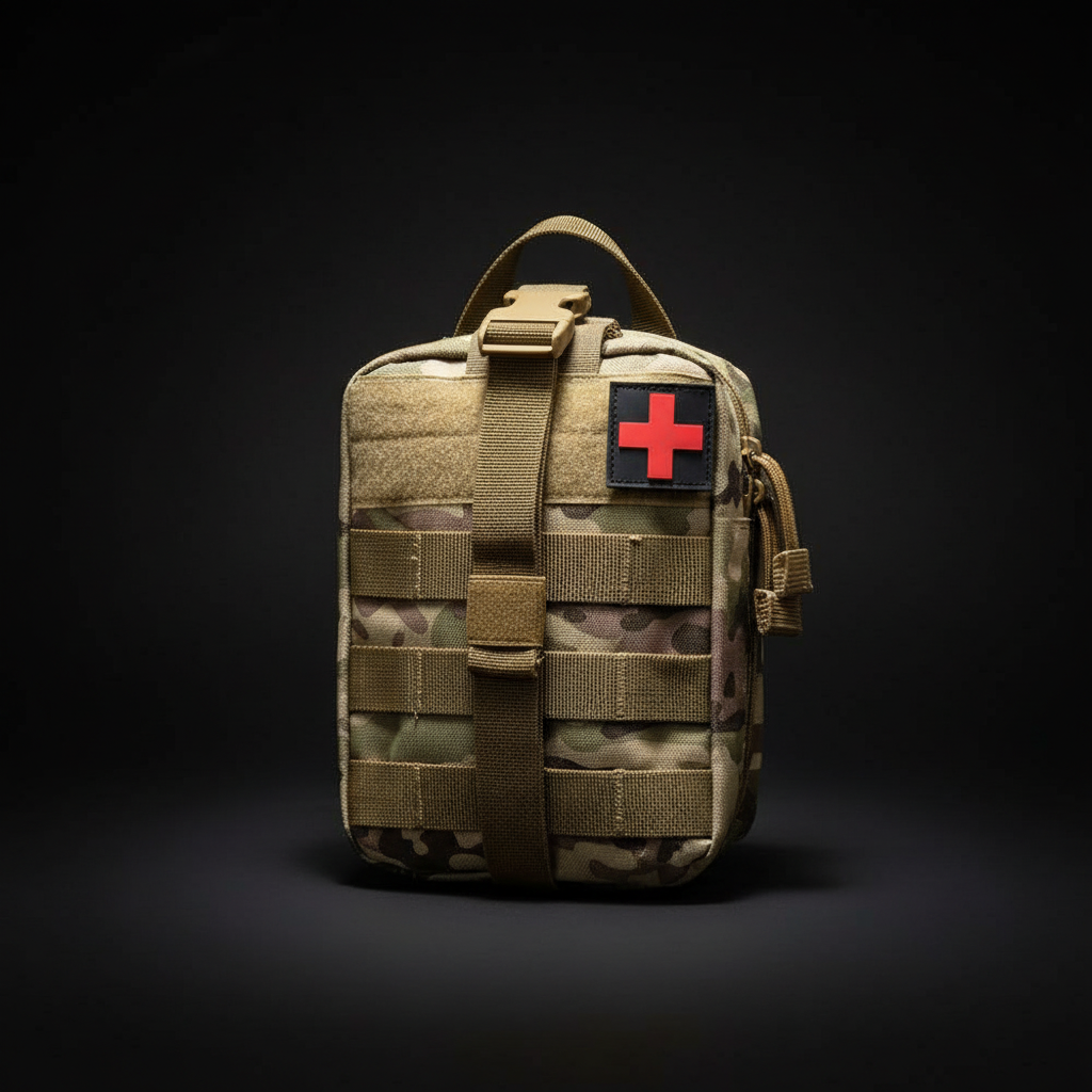 Camouflage medical bag with a red cross on a black background