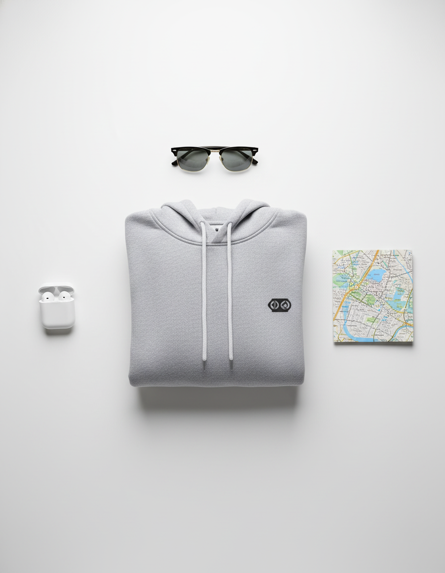 Grey Hoodie neatly folded on a white background surrounded by headphones, a map, and sunglasses