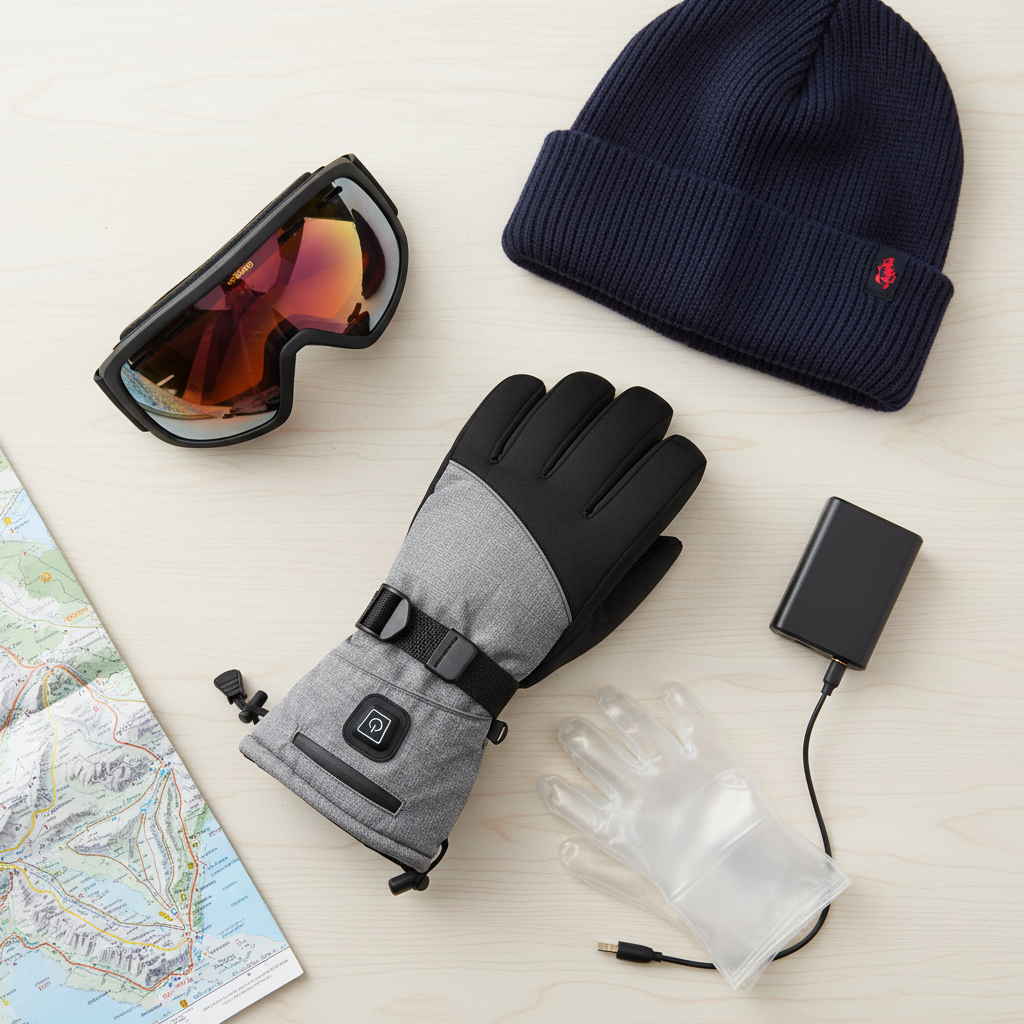 Gray and black heated gloves with a beanie, goggles, and power bank on a light surface.