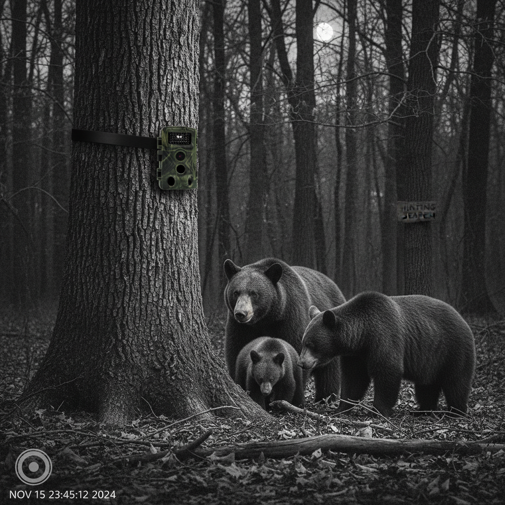 Three bears in a forest with a camera trap on a tree