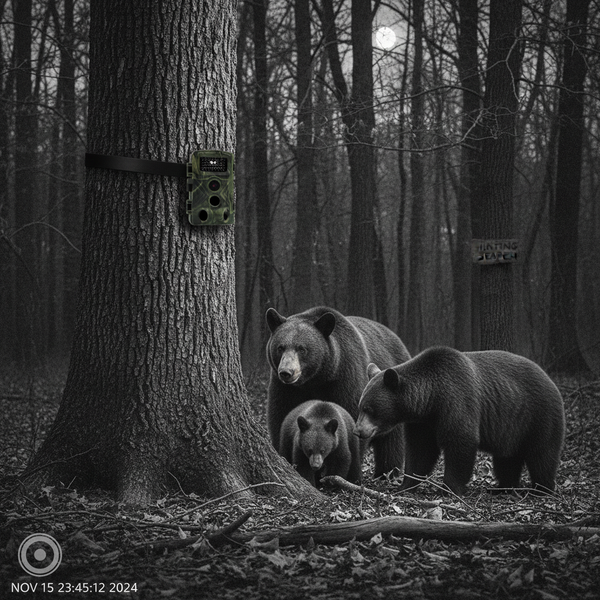 Three bears in a forest with a camera trap on a tree