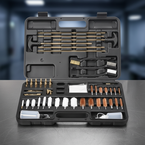 Black gun cleaning kit with various tools in an open case on a gray surface.