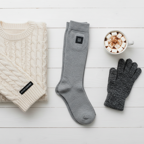 Knitted sweater, gray heated socks, gloves, and a mug of hot chocolate on a wooden surface