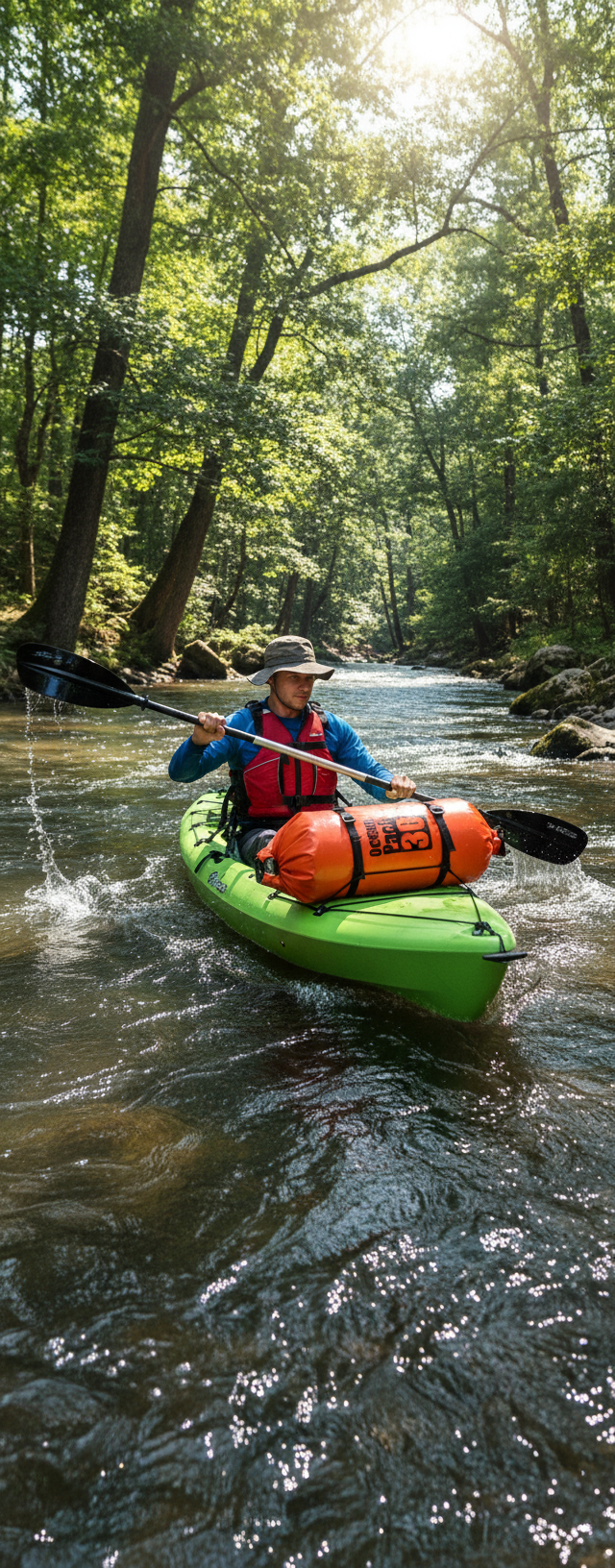 Person kayaking in a river surrounded by trees with a dry bag strapped to the front of his kayak