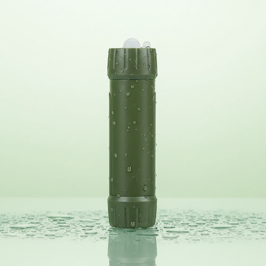 Green portable water filer on a reflective surface with a light green background