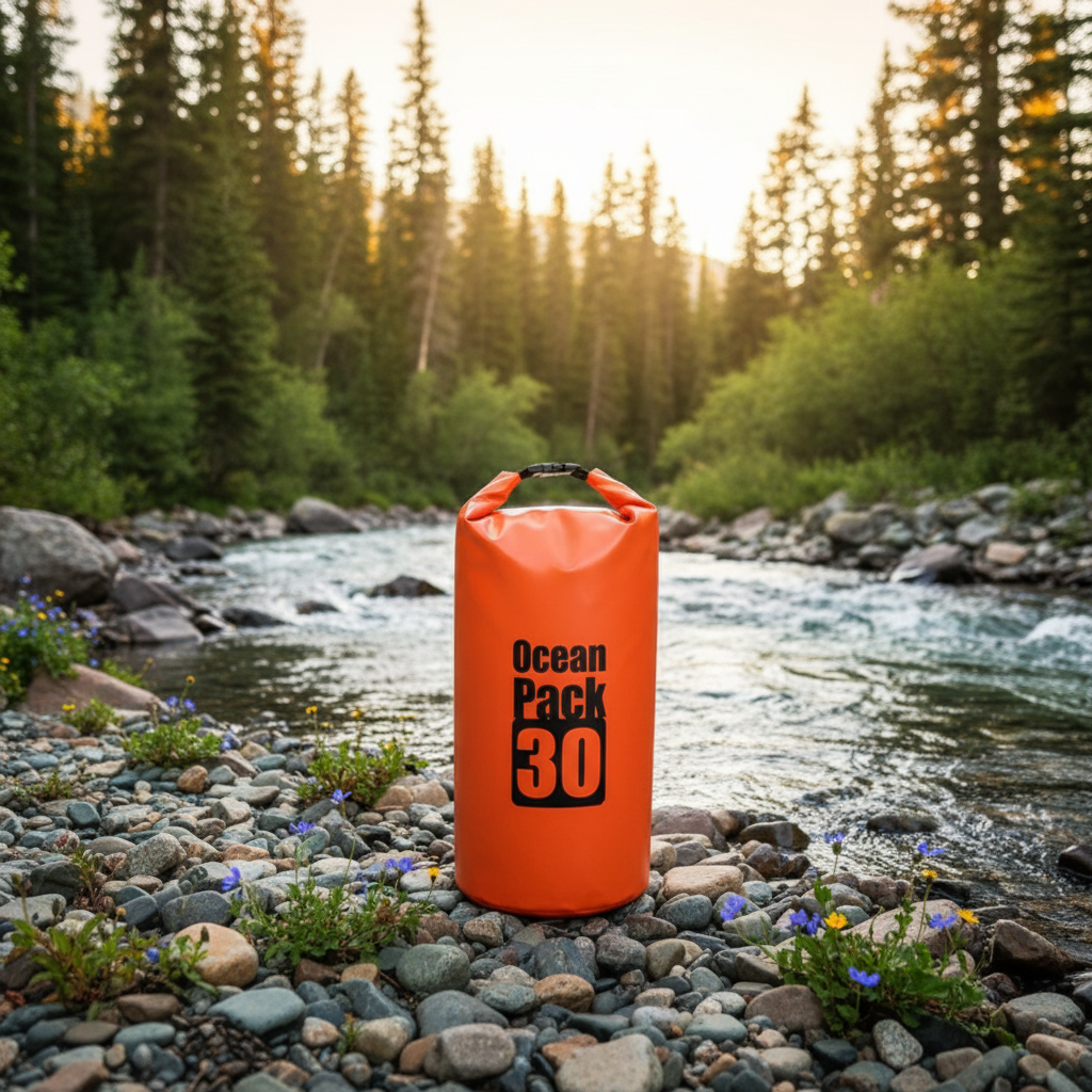 Orange 'Ocean Pack 30' dry bag on a rocky riverbank with trees in the background