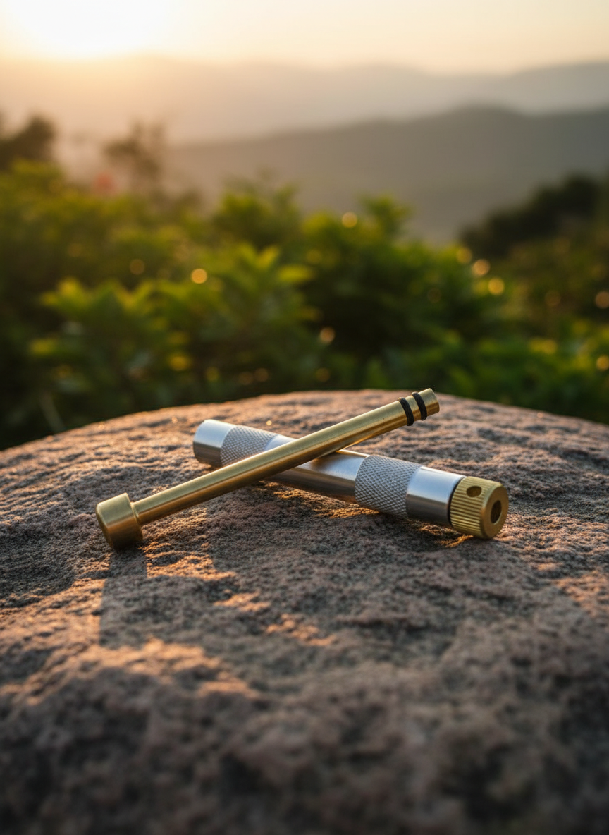 Fire piston on a rock with a scenic background