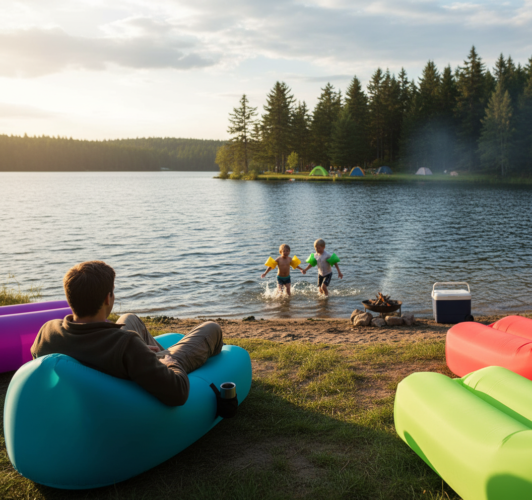 Person sitting on a blue inflatable chair by a lake with children playing in the water and colorful inflatables nearby.